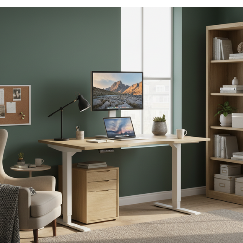 Zoom Electric Dual Motor Height Adjustable Sit Stand Office Desk Dual Purpose Reversible Scallop Top W1200xD800xH685-1185mm Urban oak Top White Frame 10 Year Warranty